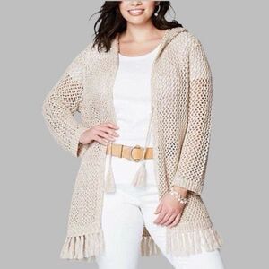 J.Jill Women’s Cream Crochet Knit Hooded Fringe Cardigan | Medium